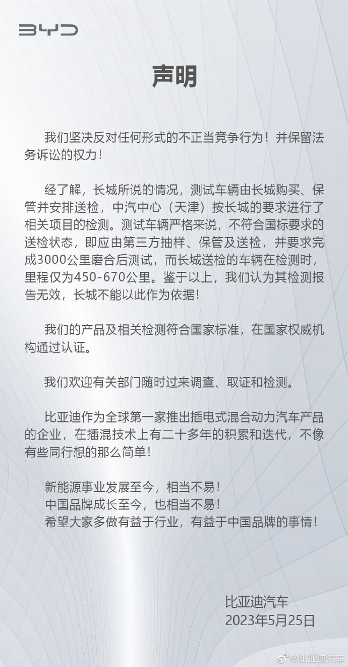 长城汽车举报比亚迪排放不达标,比亚迪称报告无效 长城汽车举报比亚迪排放不达标,比亚迪称报告无效