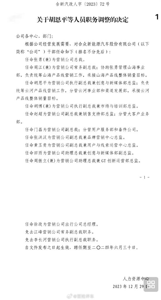 销量不及格 哪吒汽车两位营销总裁被免职 销量不及格 哪吒汽车两位营销总裁被免职
